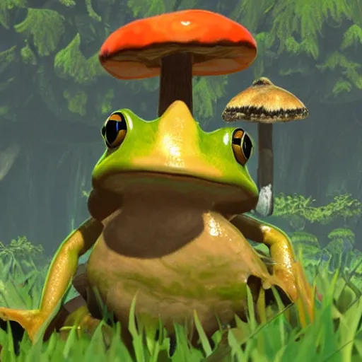 Image similar to a warrior frog atop a mushroom in breath of the wild