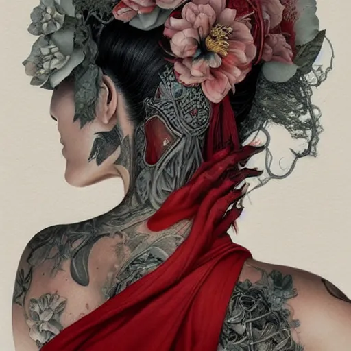 Image similar to ultra realistic illustration, beautifulwoman dressed in red kimono, backview, tattoos, in the style of peter mohrbacher by weta digital and beth cavener, high face symmetry, intricate, masterpiece, award winning, high face symmetry, intricate