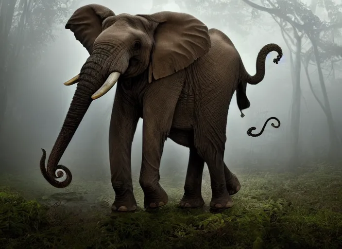 Image similar to an elephant octopus chimera, his trunk is a tentacle, in a jungle with ominous light from above, ambient light, fog, river