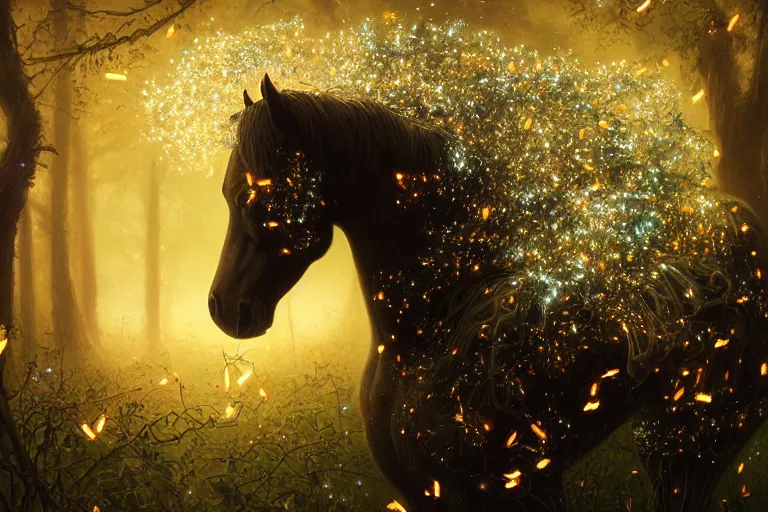 Image similar to a stunning horse completely made of fireflies with a thick mane of bioluminescent vines and flowers running through the woods by greg rutkowski, high key lighting, volumetric light, digital art, highly detailed, fine detail, intricate, ornate, complex, octane render, unreal engine, photorealistic