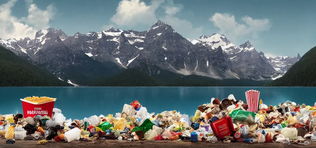 Image similar to a very high resolution image from a new movie. mountains, lake, garbage plastic, fast food, photorealistic, photography, directed by wes anderson