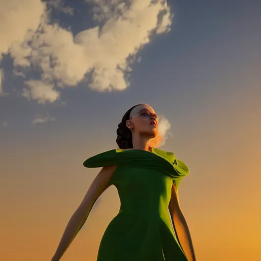 Prompt: innovative avant-garde art, deco fashion, attractive women, wearing green, highly detailed, photorealistic portrait, serene desert setting, golden hour, crisp quality and light reflections, unreal engine 5 quality render