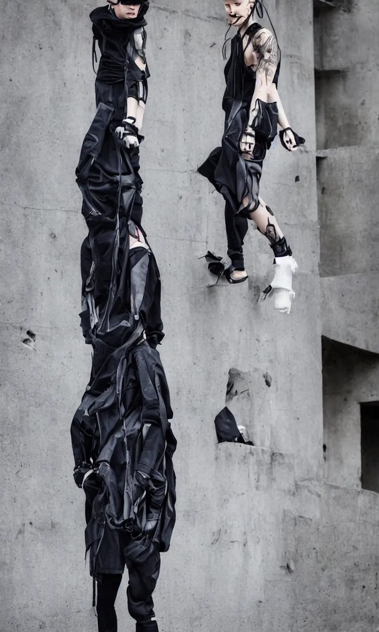 Image similar to beautiful androgynous techwear look and clothes, avant garde fashion, Rick Owens, Y3, trending on r/streetwear, fit pic