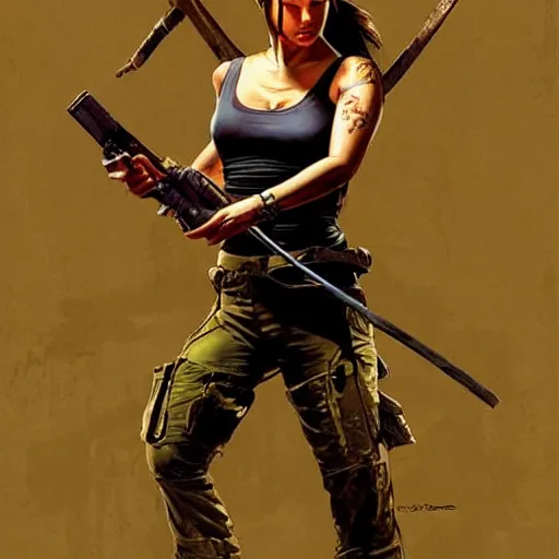 Prompt: Ricky Gervais as Lara Croft (tomb raider, 1996), full body portrait by Karol Bak, Syd Mead and Raphael Lacoste, rich colors, neon digital art