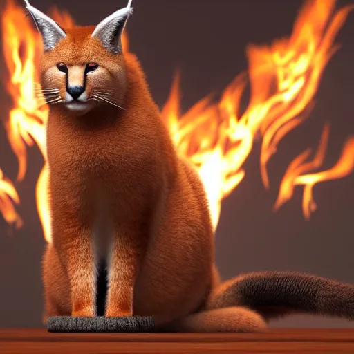 Image similar to wide-angle photo of fluffy caracal sitting on a chair in a room, flames of fire at background, octane render, 3d, 8k, hd, studio light