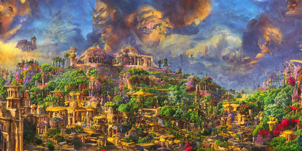 Prompt: fantasy oil painting, regale, refined, fortress mega structure city, antep, argos, indore, ellora, hybrid, looming, small buildings, warm lighting, street view, overlooking, epic, lush plants flowers, rainforest mountains, bright clouds, luminous sky, outer worlds, cinematic lighting, michael cheval, david palladini, oil painting, natural tpose