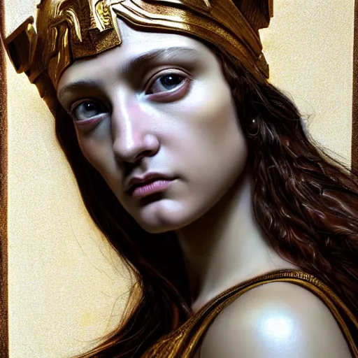 Image similar to hyperrealistic mixed media painting of beautiful goddess Athena, stunning 3d render inspired art by P. Craig Russell and Barry Windsor-Smith, perfect facial symmetry, dim volumetric lighting, 8k octane beautifully detailed render, post-processing, portrait, extremely hyper-detailed, intricate, epic composition, brown eyes, highly detailed eyes, realistic eyes, cinematic lighting, masterpiece, trending on artstation, very very detailed, masterpiece, stunning