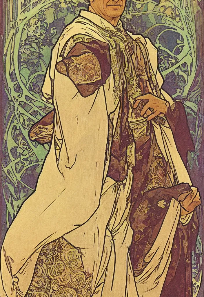 Image similar to old geoffrey hinton as the emperor on a tarot card, tarot in art style by alphonse mucha