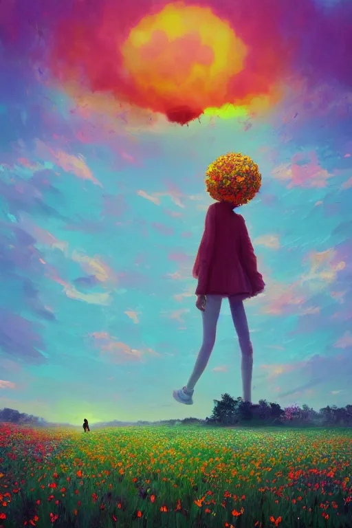 Image similar to giant flower head, girl walking in a flower field, surreal photography, sunrise, dramatic light, impressionist painting, colorful clouds, digital painting, artstation, simon stalenhag