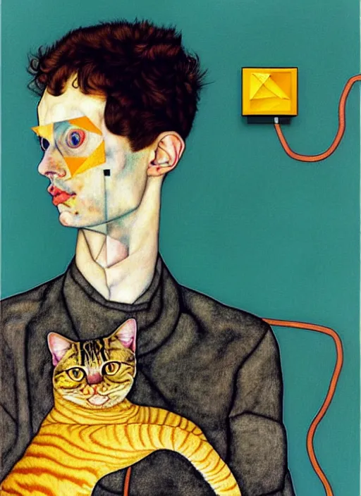 Prompt: creative python programmer with a computer and a cat in geometric harmony, by egon schiele and quint buchholz, portrait, colorful, escher++, detail