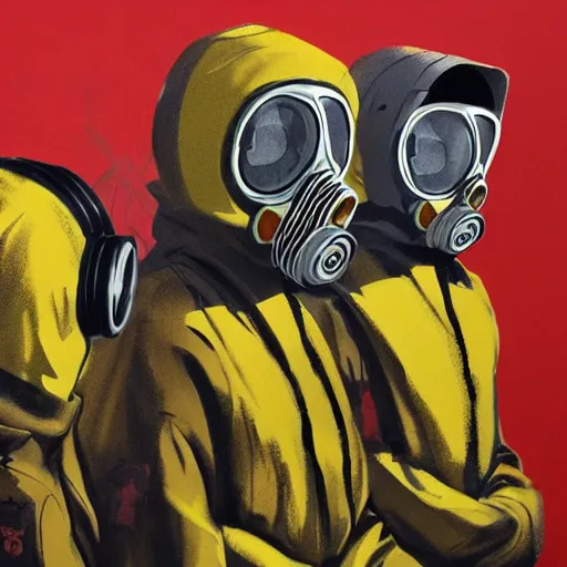 Image similar to detailed details concept art saints gang photo group, theyre using gas mask, other using saints mask, theyre wear yellow and red hoodie, theyre leader regularly uses red in the style of bob peak and alex ross, gouache and wash paints color, detailed details facial and body and human and environments and proportionate, detailed 5 k details.