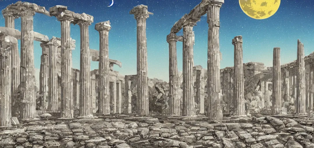 Prompt: The ruins of the Silver Millennium on the moon from Sailor Moon, digital painting, large Earth in the distance, Greek-esque columns and ruins