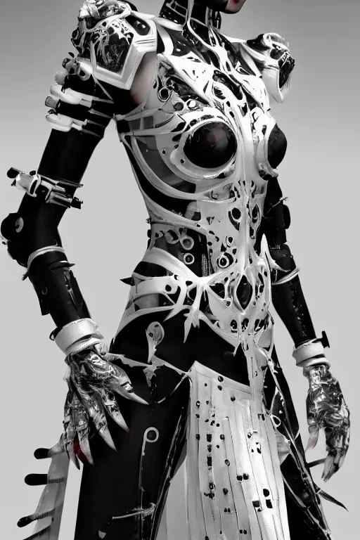 Image similar to white cyborg fashion shot, maasai punk warriors, fractal decorations, unreal engine, trending on artstation,