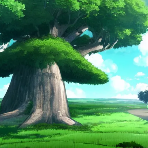 Image similar to big white whale flying near giant tree in the green field, anime, HD,