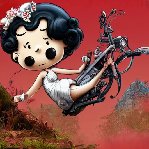 Image similar to betty boop riding snoopy, intricate detail, royo, vallejo, frazetta, giger, whealan, hd, unreal engine,