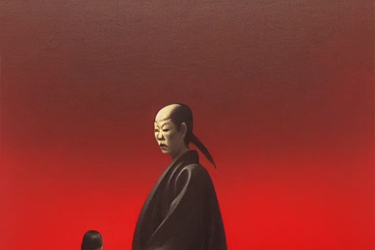 Image similar to only with red, a red samurai harakiri, tokio, a lot of frogs watch, in the style of beksinski, parts by edward hopper, parts by rodcenko, parts by yue minjun, intricate and epic composition, red by caravaggio, insanely quality, highly detailed, masterpiece, red light, artstation, 4 k