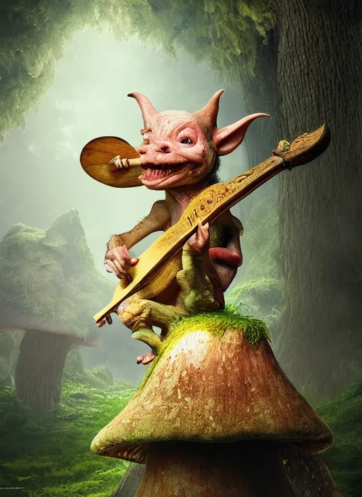Image similar to a cute goblin sitting on a mushroom playing a lute, in the style of boris valejo and patrick woodroffe, fantastic, dramatic lighting, forest, hyperrealistic, detailed, octane render