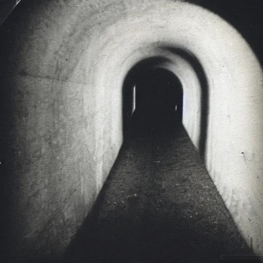 Image similar to a creepy humanoid figure standing in a tunnel, dark, brooding, creepy, backlit from sunlight, real photo taken on Polaroid camera