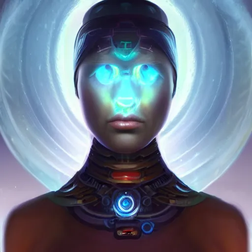 Image similar to portrait of a future metaverse cyborg tech shaman warrior by Mandy Jurgens, 2D cartoon, flat cartoony, oil painting visionary art, symmetric, Magick symbols, holy halo, shipi bo patterns, sci-fi