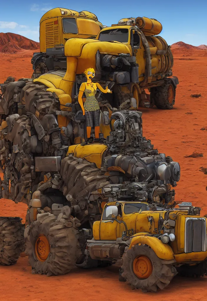 Image similar to Lisa Simpson portrait next to Fury Road War Rig vehicle with desert background, borderlands 4k render