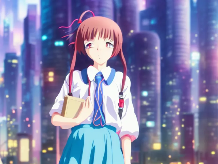 Image similar to anime fine details portrait of joyful school girl in front of cyberpunk moder city landscape on the background deep bokeh, close-up view, anime masterpiece by Studio Ghibli. 8k, sharp high quality anime, artstation