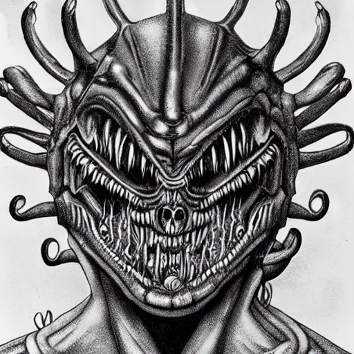 Image similar to space alien, slimy, glossy, sharp teeth, by h. r. giger, nightmare fuel, nightmarish, intricate, highly detailed, optical illusion, stranger things demogorgon