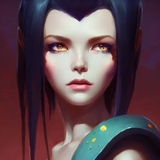 Image similar to a beautiful portrait of a beautiful elvira, concept art by pete mohrbacher and guweiz and ilya kuvshinov, digital art, highly detailed, intricate, sharp focus, trending on artstation hq, deviantart, unreal engine 5, 4 k uhd image