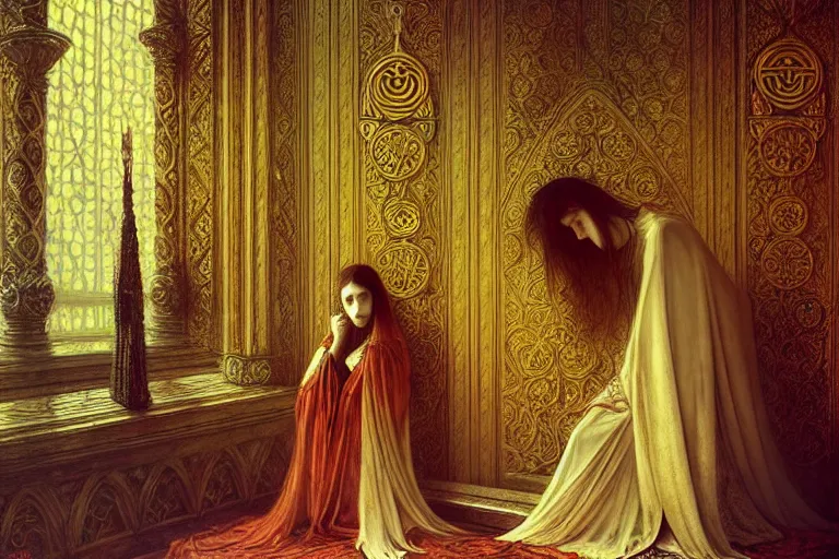 Prompt: intricate, elegant, dramatic, medieval queen mourning, throne room background, tears, sad mood by artem demura and alphonse mucha