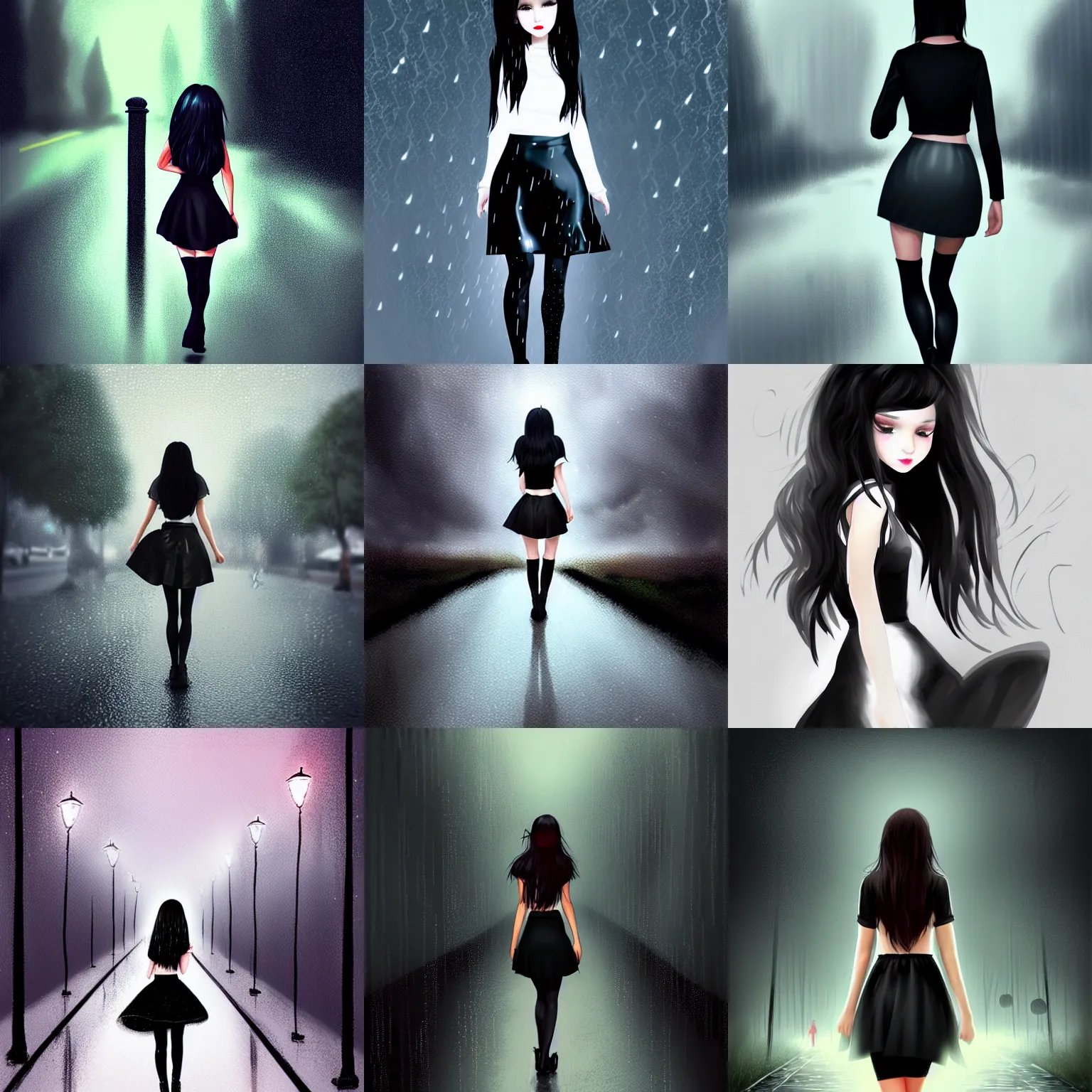 Prompt: pretty girl walking in the rain at night, seen from the back, long black hair, black skirt, black leggings, boots, white blouse, digital art, high quality, trending on artstation, concept art, detailed