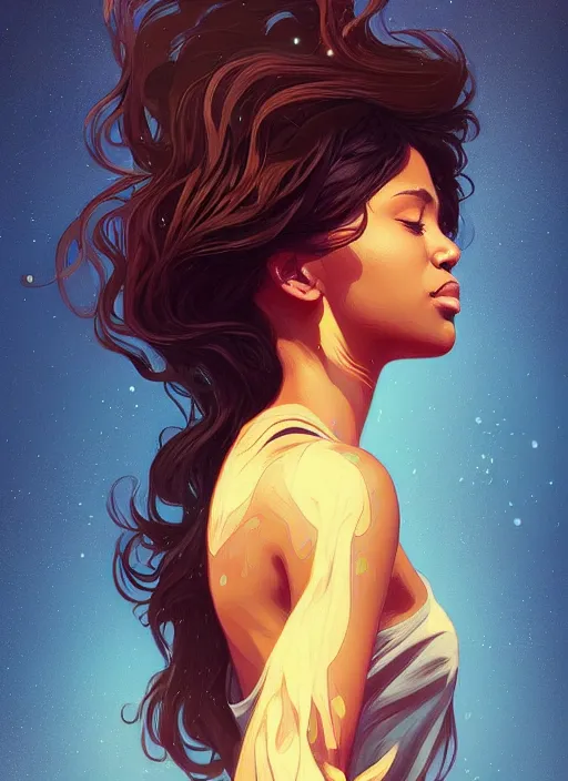 Image similar to handsome black women with shoulder length brown hair, half body shot, path traced, highly detailed, high quality, digital painting, alena aenami, lilia alvarado, shinji aramaki, karol bak, alphonse mucha, tom bagshaw