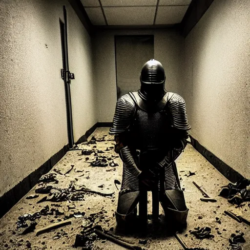 Image similar to “A knight in armor kneeling and praying. The knight is in the center abandoned small server room with server racks and server cables hanging everywhere. The ground of the room is littered and covered with garbage and debris. The walls are filthy. It is dark and there are no lights. Amateur photo. Flash photo.”