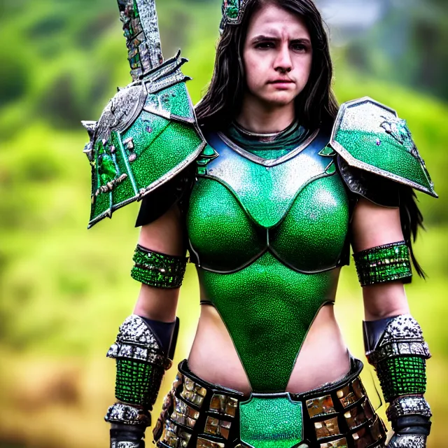 Image similar to full body photo of a beautiful cute strong warrior queen wearing emerald encrusted armour, highly detailed, 8 k, hdr, smooth, sharp focus, high resolution, award - winning photo