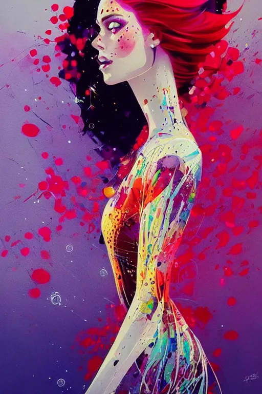 Image similar to an ultra detailed beautiful painting of a stylish woman with colorful haute couture dress, concert poster, futuristic, conrad roset, greg rutkowski