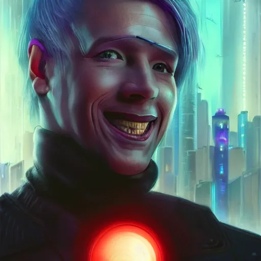 Image similar to cyberpunk, closeup portrait of a cyberpunk entertainer, hologram, blond hair, grey eyes, sadistic smile, delicate jaw, dramatic light, city background, sunset, dystopian setting, high contrast, sharp, neuromancer, peter riviera, painted by stanley lau, painted by greg rutkowski, painted by stanley artgerm, digital art, trending on artstation