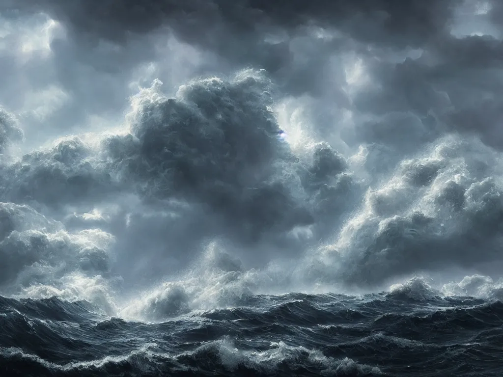 Image similar to a dark storm closes in over the ocean with waves of water crashing down, lightning and rain, digital painting, fantasy, art by alexandre mahboubi and christophe oliver