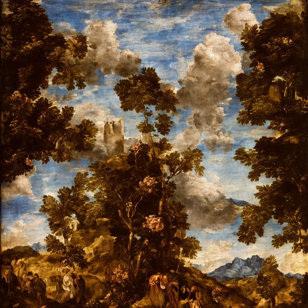 Prompt: a Titian painting of a scene inside of a on old church that is decorated with flowers and a lot of sky and mountains in the background