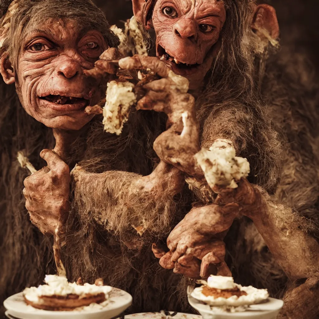 Image similar to closeup portrait of a medieval goblin eating cakes, depth of field, zeiss lens, detailed, symmetrical, centered, fashion photoshoot, by annie leibovitz and steve mccurry, david lazar, jimmy nelsson, breathtaking, 8 k resolution, extremely detailed, beautiful, establishing shot, artistic, hyperrealistic, beautiful face, octane render