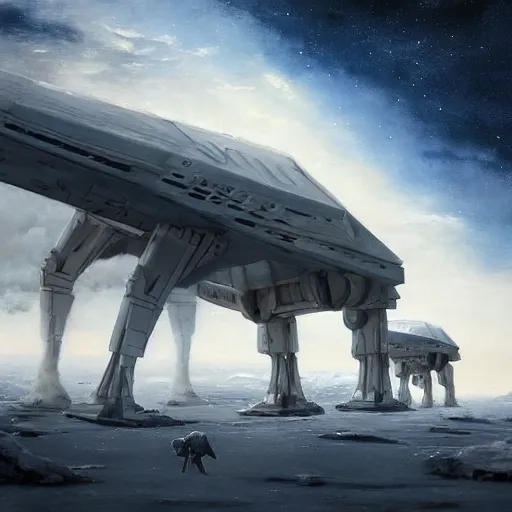 Image similar to a beautiful dramatic painting of arrival of at - ats on hoth by famous artist nasreddine dinet and eugene de blaas and greg rutkowski and artgerm and wlop and george lucs, path tracing, artstation