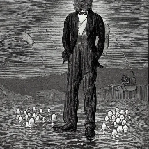 Prompt: The Innmouth look, deformed human fish in a tuxedo, portait shot, scenic image, drawing, illustration by Gustav Doré
