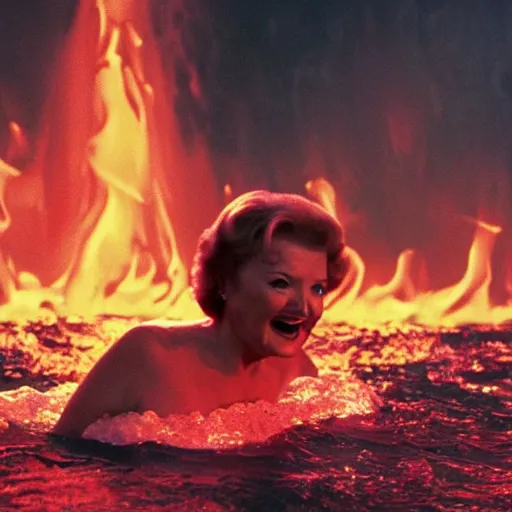 Image similar to stunning awe inspiring betty white swimming in lava with demons, movie still 8 k hdr atmospheric lighting