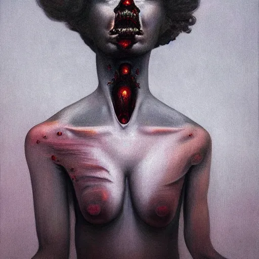 Prompt: dramatic portrait painting of sad woman with black mandelbrot fractal instead of face, in style of zdzisław beksinski, horror, body horror, dark, disturbing,