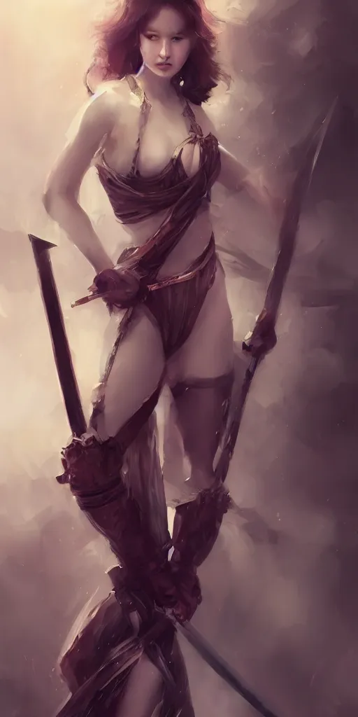 Prompt: beautiful girl posing, holding two swords. by wlop. artstation contest winner, cinematic paint.