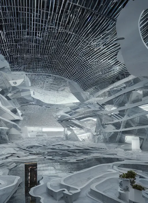 Image similar to art exhibition, architecture installation in biennale venezia, bioremediation white mining tailing futuristic horizontal architecture, epic, cinematic, hyperealistic, high detailed, corona render, hdr, ray tracing