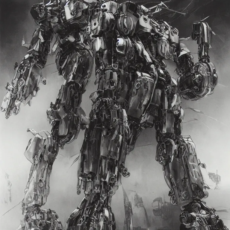 Prompt: an anime large mecha robot, a very futuristic look, with sleek lines and a powerful, intimidating appearance. By Stephen Gammell, Trending on ArtStation