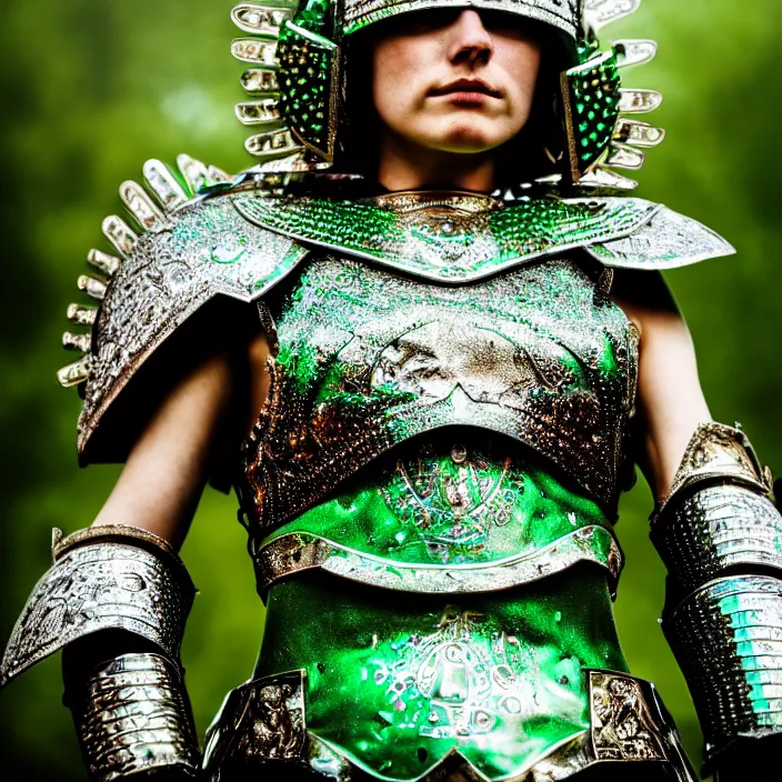 Image similar to photo of a beautiful warrior queen wearing emerald encrusted armour, highly detailed, 4 k, hdr, smooth, sharp focus, high resolution, award - winning photo