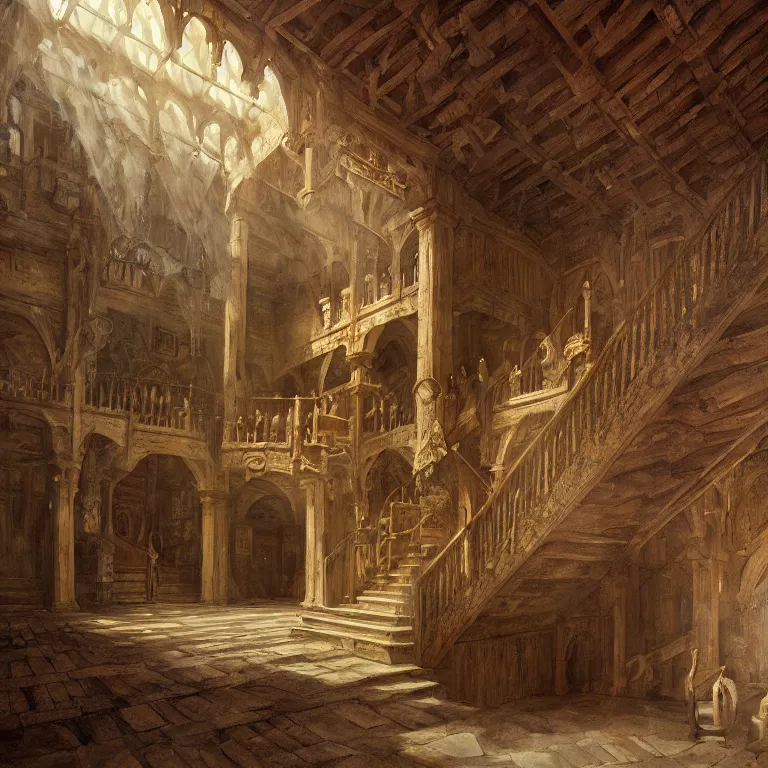 Image similar to a detailed painting of a medieval hall with wooden walls, big marble statue and staircase to the second floor. fantasy poster. lord of the rings style. cinematic fantasy scene. fantasy. carl spitzweg. renaissance elements. renaissance element. oil painting. award winning. trending on artstation. 8 k