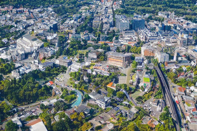 Image similar to bird's eye view photography of a small city. town hall, central farm, monorail station, beach and shipping dock. hills, woods and lake to the north.