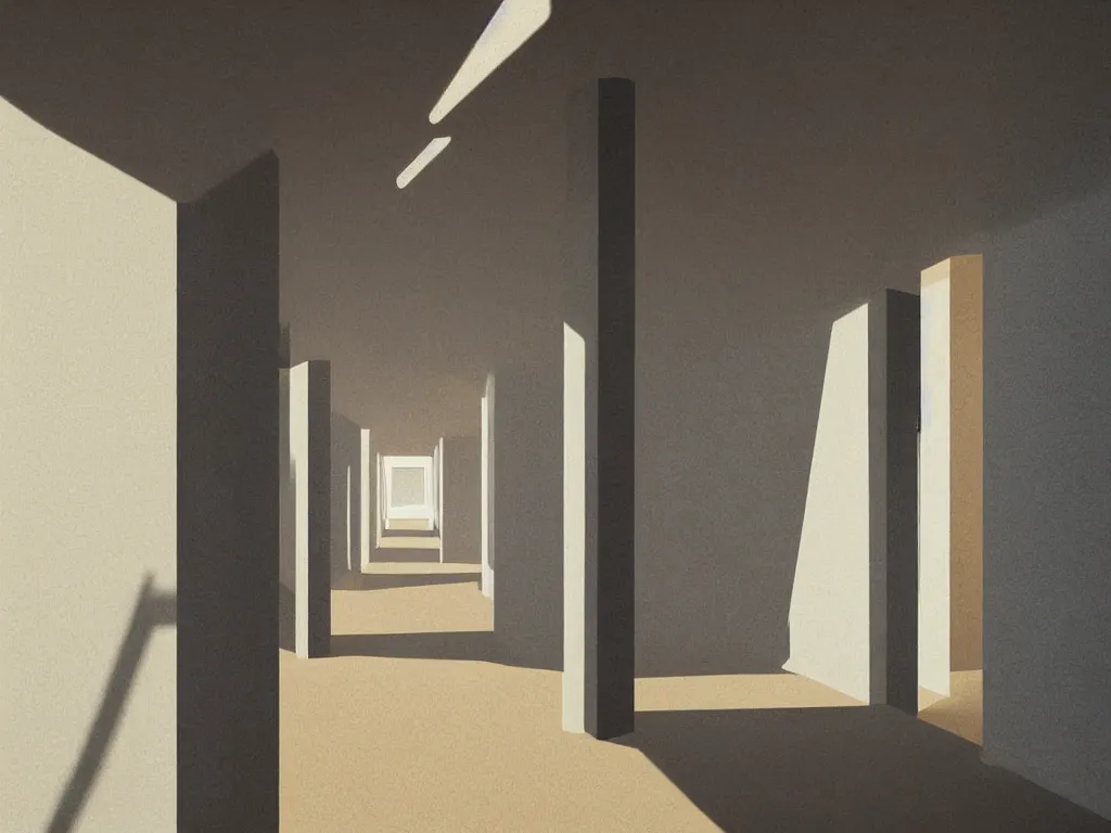 Image similar to colorful minimalist industrial interior hallway with monolithic pillars in the style of ridley scott and stanley kubrick, impossible stijl architecture, science fiction, lone silhouette in the distance, ultra wide angle view, cinematic, noir, god rays, volumetric lighting, realistic detailed painting by edward hopper