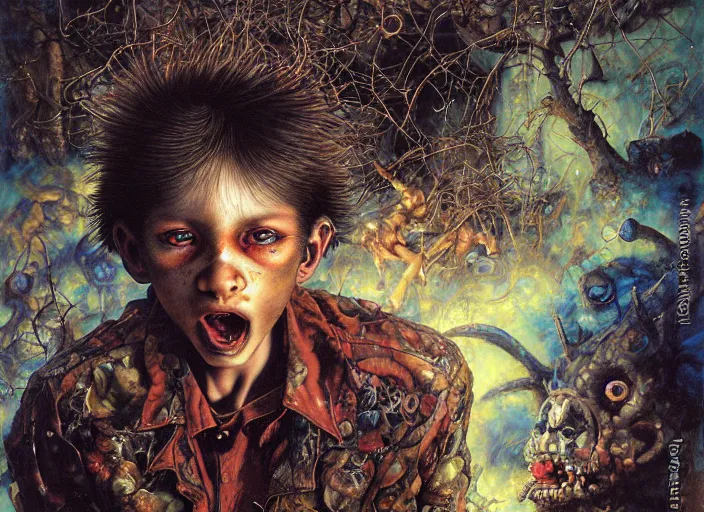 Prompt: realistic detailed image of a boy surrounded by angry stray dogs in an old soviet yard in st petersburg. by Ayami Kojima, Amano, Karol Bak, Greg Hildebrandt, and Mark Brooks, Neo-Gothic, gothic, rich deep colors. Beksinski painting, part by Adrian Ghenie and Gerhard Richter. art by Takato Yamamoto. masterpiece .ntricate artwork by Tooth Wu and wlop and beeple, greg rutkowski, very coherent symmetrical artwork, cinematic, hyper realism, high detail, octane render, unreal engine, 8k, Vibrant colors, Smooth gradients, High contrast, depth of field. by Katsuhiro Otomo, full body character drawing, inspired by Evangeleon, clean ink detailed line drawing, intricate detail, extremely detailed, 8k. painting by Arthur Rackham, Eugene de Blaas, Frederic Leighton