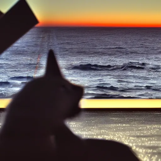 Image similar to high quality photo of star fox looking out at the ocean at sunset realism 8k award winning photo